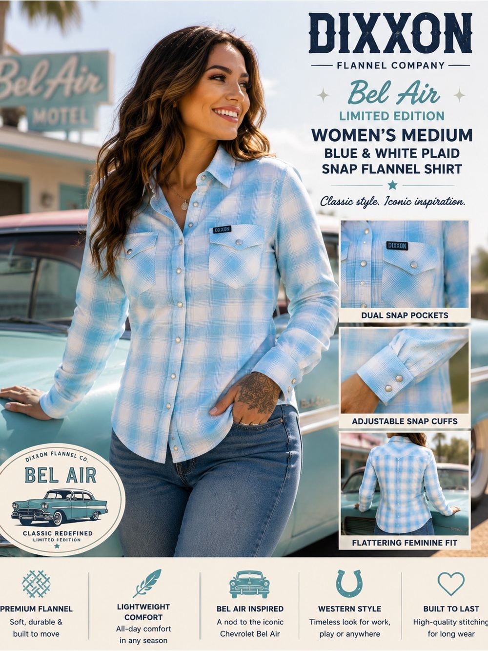 Dixxon Bel Air Limited Edition Women’s Blue White Plaid Snap Flannel Size Medium